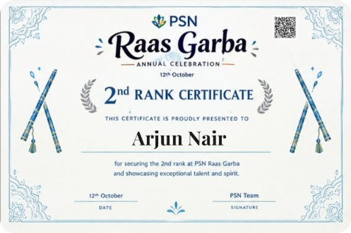 PSN Raas Garba 2nd Rank Certificate, presented to Arjun Nair