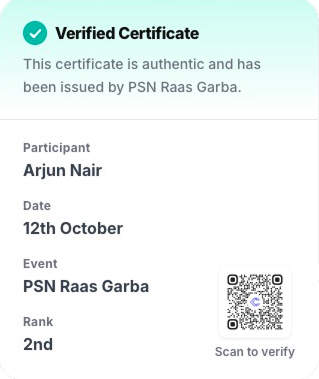 Verified Certificate: PSN Raas Garba, participant Arjun Nair, 2nd rank, with a scan-to-verify QR code