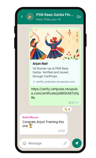 WhatsApp share preview of a verified certificate: Arjun Nair, 1st Runner-up at PSN Raas Garba, issued through CertPulse